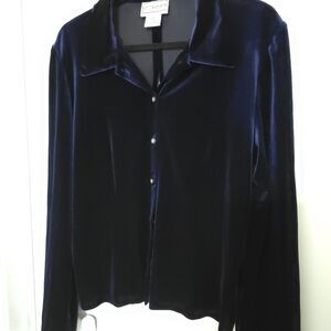Karin Stevens Navy Blue Velvet Blouse Size 16 Button Up Open Slit Back Vintage